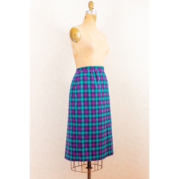 Vintage 80s Tartan Plaid Pendleton Pencil Wiggle Skirt, Purple Teal Black, Sz 16 - Picture 2 of 10
